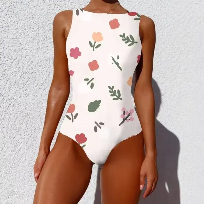 Maillot de bain une pièce coloré petites fleurs motif imprimé décontracté feuille maillots