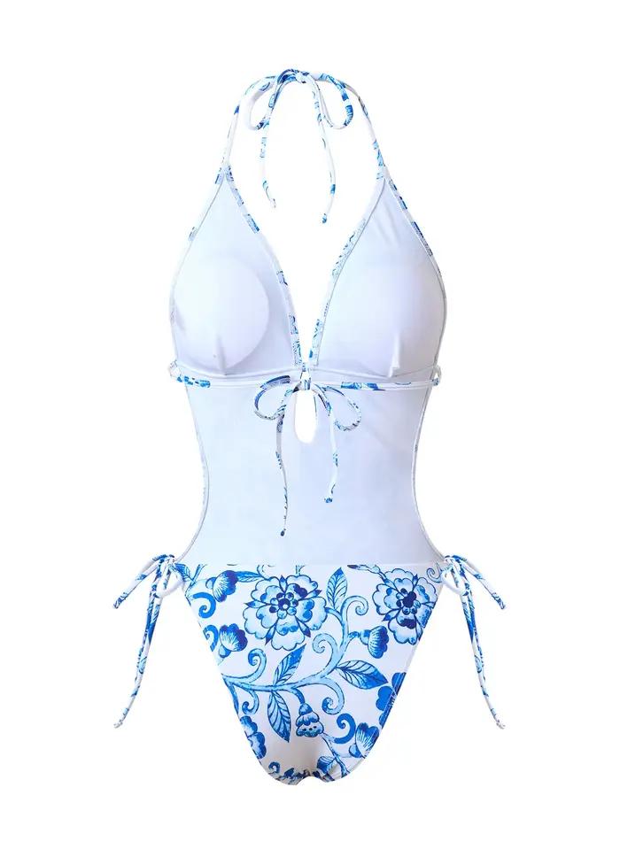 Maillot de bain une pièce avec corde imprimée bleue et blanche
