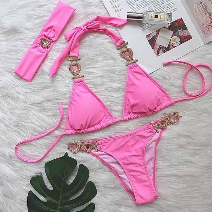 Rose Sexy Bikinis maillot de bain avec coeur strass femmes maillots