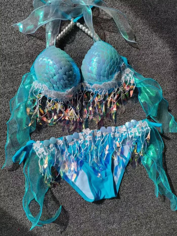 Nouveau sirène paillettes coquille haut de bikini gland or chaud soutien-gorge Oceanarium Bar Table Performance Costumes queue de poisson en cuir