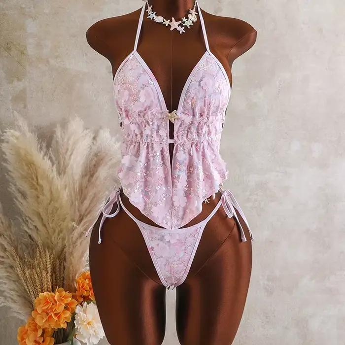 Ensemble bikini dos nu imprimé à sequins