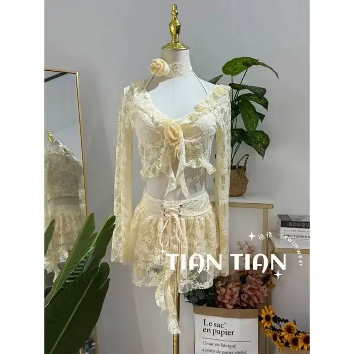 Ensemble de bikini trois pièces à armatures en dentelle rose style français