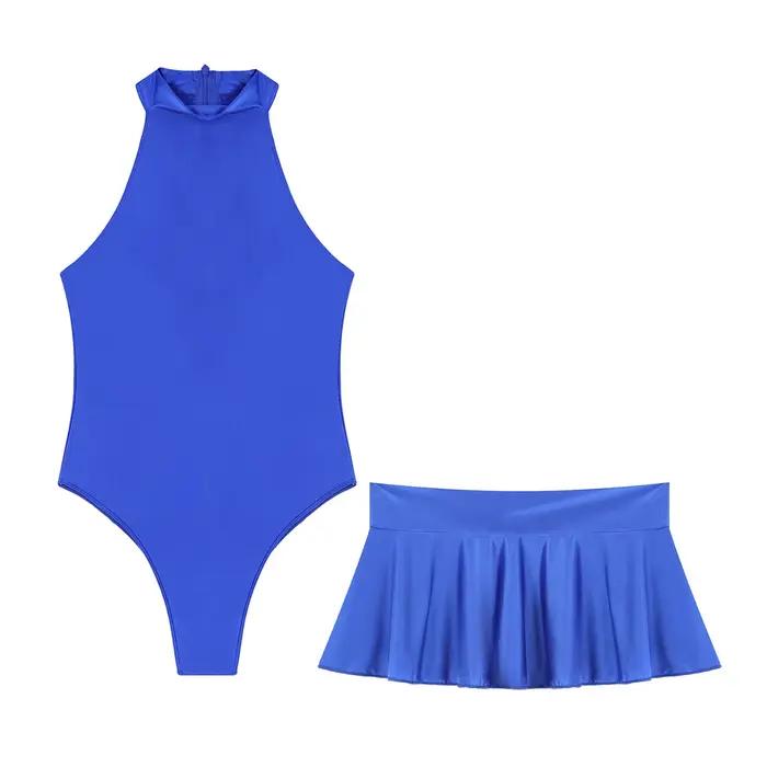 Maillot de bain brillant iEFiEL pour femmes avec jupe à volants et justaucorps sans manches pour nager, plage et piscine, disponible en plusieurs couleurs