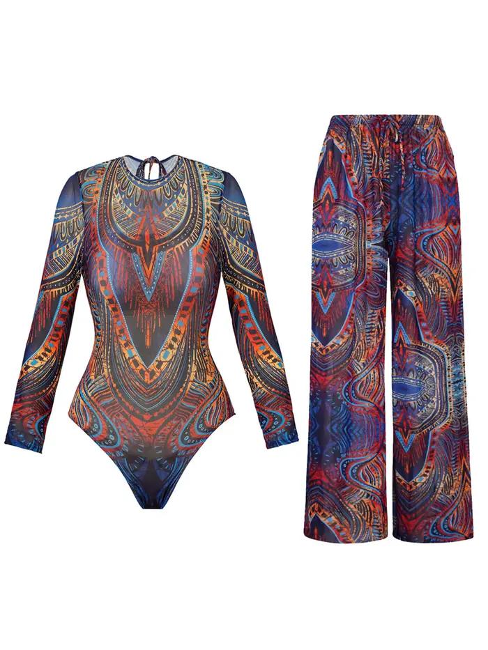 Maillot de bain imprimé à manches longues avec pantalon