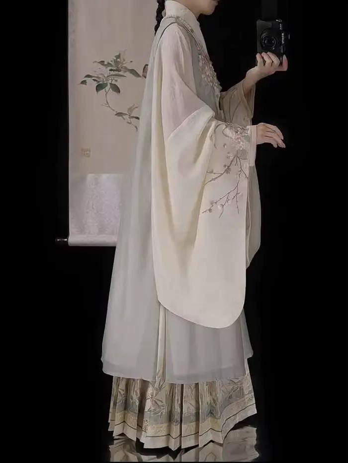 Hanfu grande taille 8XL pour femmes, 115kg, manteau long vert brodé de la dynastie Ming chinoise, jupe beige à visage de cheval, costumes 3 pièces 6XL