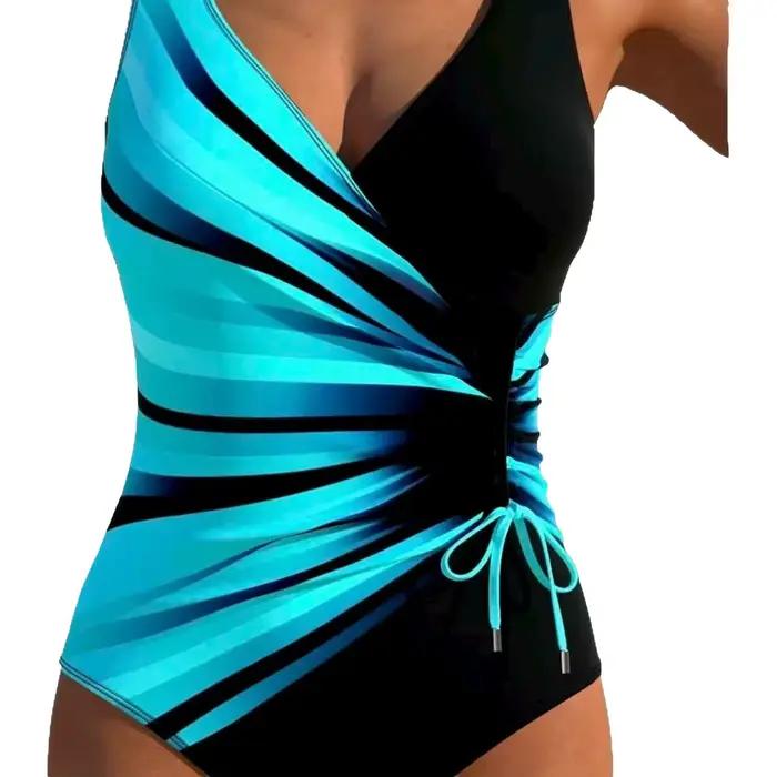 Maillot de bain une piece avec cordon de serrage a la taille motif degrade de couleurs pour femmes vacances plage haute elasticite nylon elasthanne