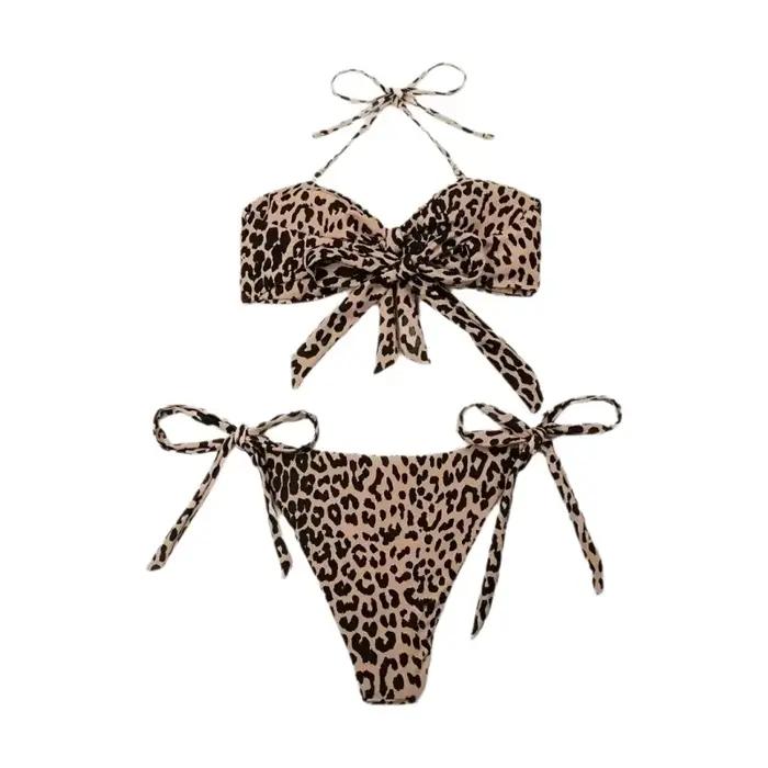 Nouveau Maillot de Bain Bikini Femme 2025 Imprimé Léopard Sexy Confortable Séchage Rapide Col Halter Tissu Polyester