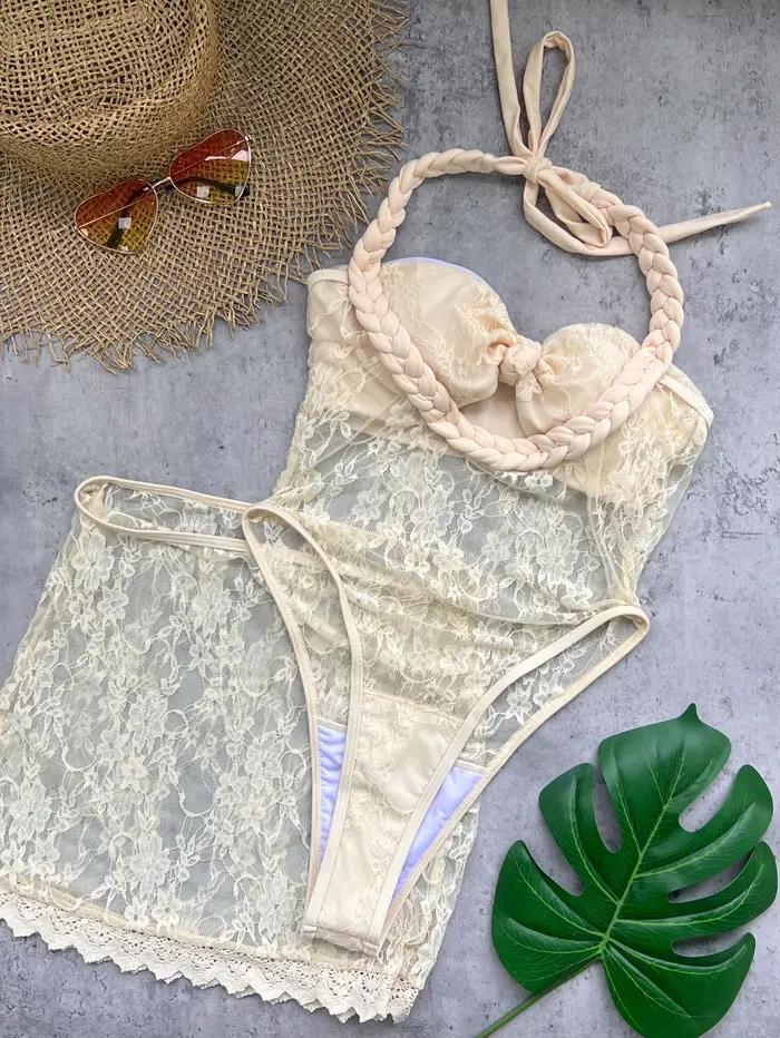 Boucle épaule dénudée Bikini avec jupe femmes maillot de bain 2025 tendance Biquini maillots