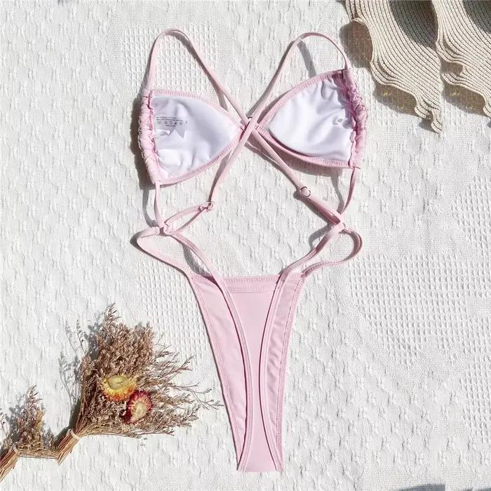 Maillot de bain micro bikini rose à sequins brillants
