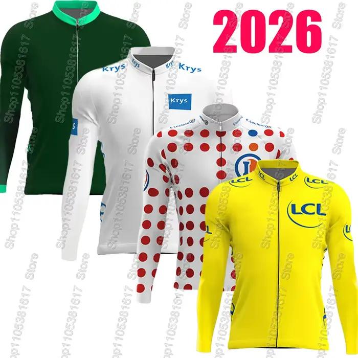 Maillot de cyclisme France Tour 2026 à manches longues TDF jaune à pois – Vêtements de course pour vélo de route, hauts de cyclisme, uniforme VTT