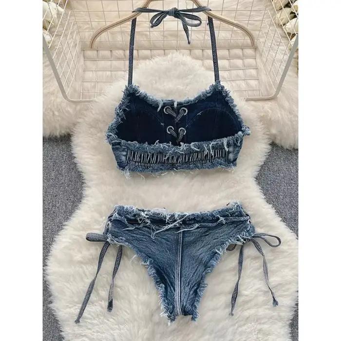 OIINAA maillot de bain femmes Sexy Denim costumes Bikini ensemble à lacets cordon maillots