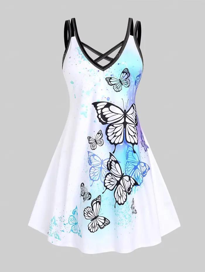 ROSEGAL-Vestidos graphiques grande taille pour femmes, courbe, imprimé papillon 3D, croisé, doux, été, décontracté, col en v, 5XL