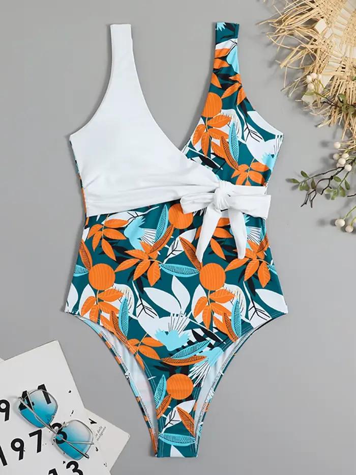 Maillot de bain une pièce imprimé tropical 2026 avec nœud latéral et ceinture