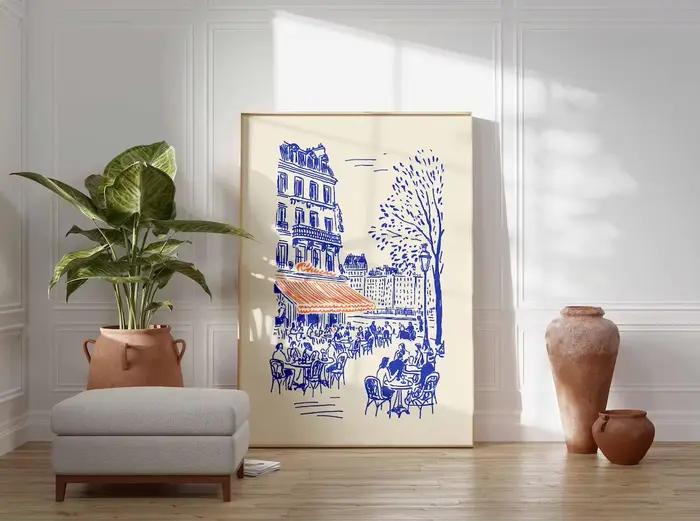 Affiche d'art linéaire sur le thème des cafés de Paris, Décoration murale de bistrot français, Illustration minimaliste de Paris, Illustration de café européen