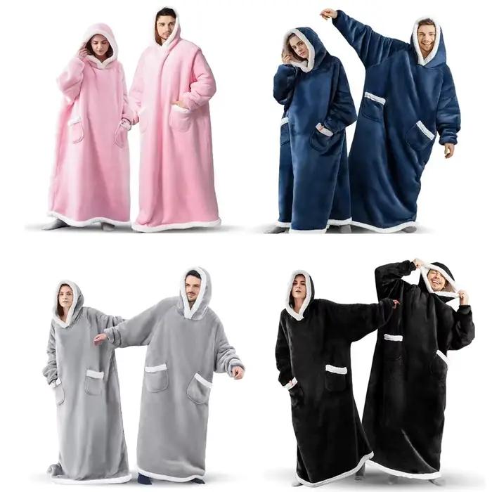 180cm Super longue flanelle couverture pyjamas avec manches hiver sweat à capuche femmes hommes pull polaire géant surdimensionné extérieur