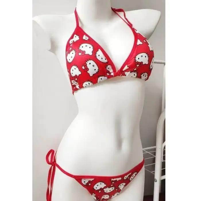 Maillot de bain Hello Kitty d'été pour femme, ensemble bikini sexy, motif dessin animé Sanrio, maillot de bain à bretelles fendues pour filles, tenue de plage pour vacances en bord de mer, mignon