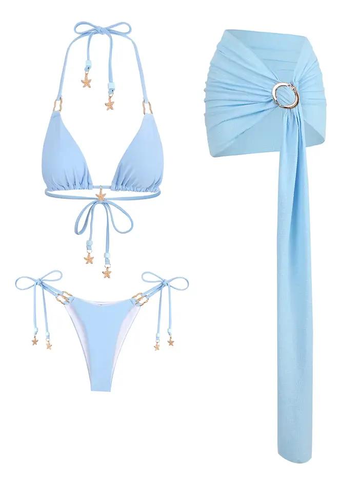 Mode bleu 3 pièces Bikini ensemble 2025 femmes été Triangle Bikinis maillot de bain avec Mini jupe
