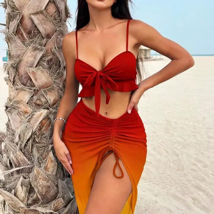 Cikini Sexy dégradé couleur trois pièces maillot de bain maille Bikinis ensemble été