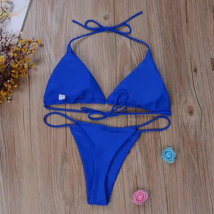 Maillot de bain rose Bikini femmes couleur unie Sexy jambe haute string maillots