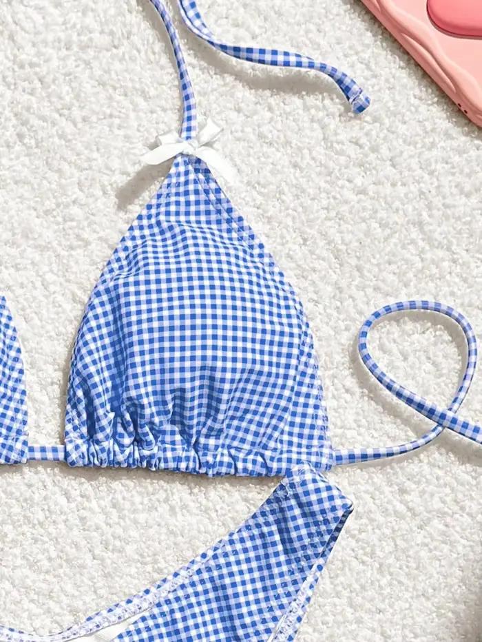 Maillot de bain deux pièces imprimé à carreaux bleus pour femmes