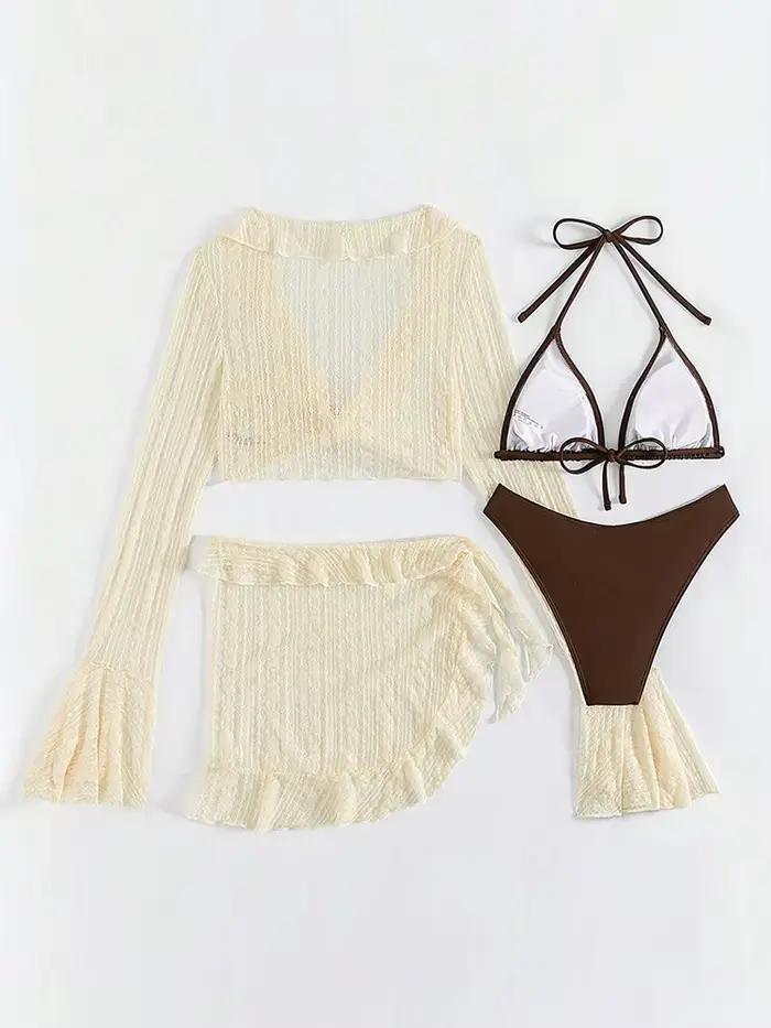 Maille Bikini quatre pièces ensemble pour femmes Lingerie Sexy à lacets Transparent hanche paquet jupe tenues 2025 été
