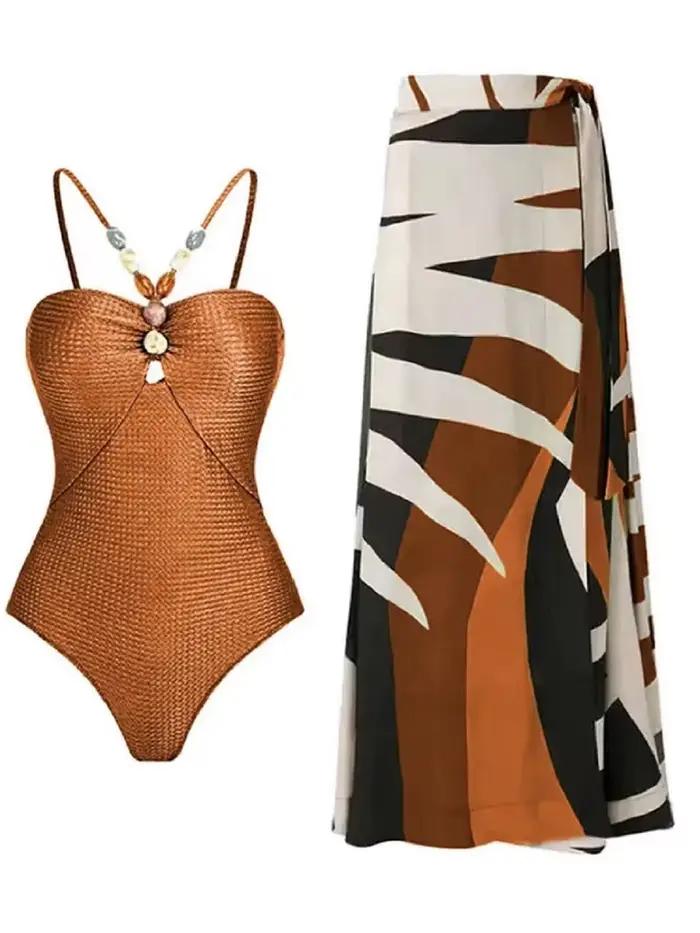 Maillot de bain une pièce sexy à bretelles avec jupe intégrée et rembourrage pour femme