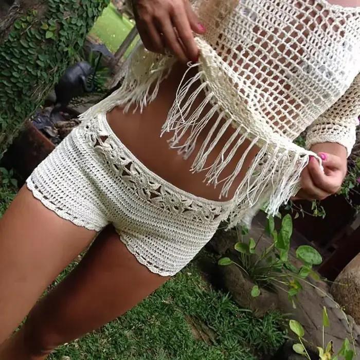 Sexy évider crochet Bikini ensemble court Style maillots de bain couleur Pure vacances couvrir vêtements de plage femmes
