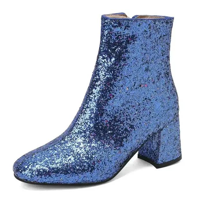 Bottines Chelsea pour femmes, grande taille 48 49 50, or, argent, bleu, tissu pailleté, paillettes, talons hauts épais, scintillants, fête, hiver