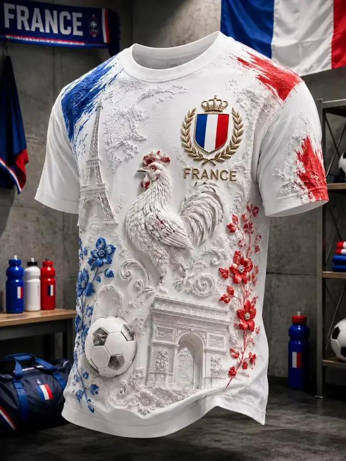 T-shirt graphique vintage France football pour hommes et femmes, imprimé 3D, motif rétro, tee-shirt de sport à manches courtes, haut décontracté, séchage rapide, pour l'extérieur, été