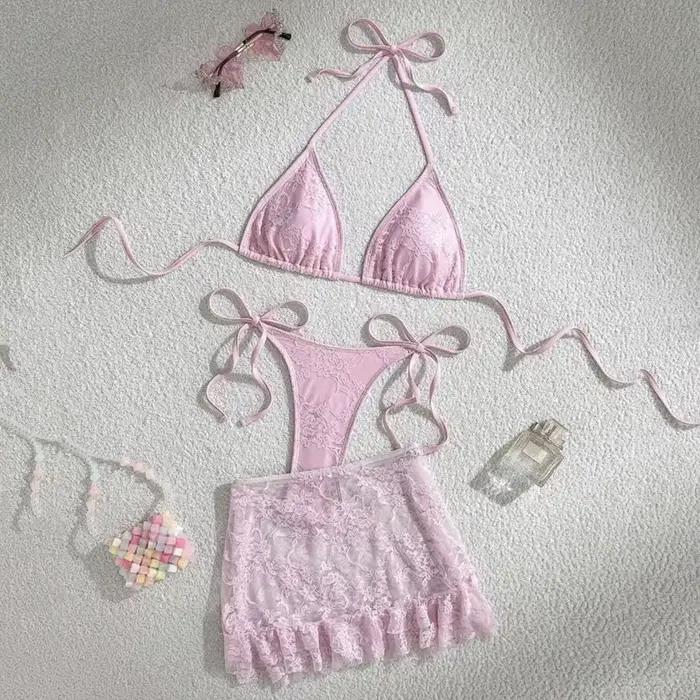 Triangle String licou Bikinis ensembles 3 pièces noir dentelle maille maillots de bain
