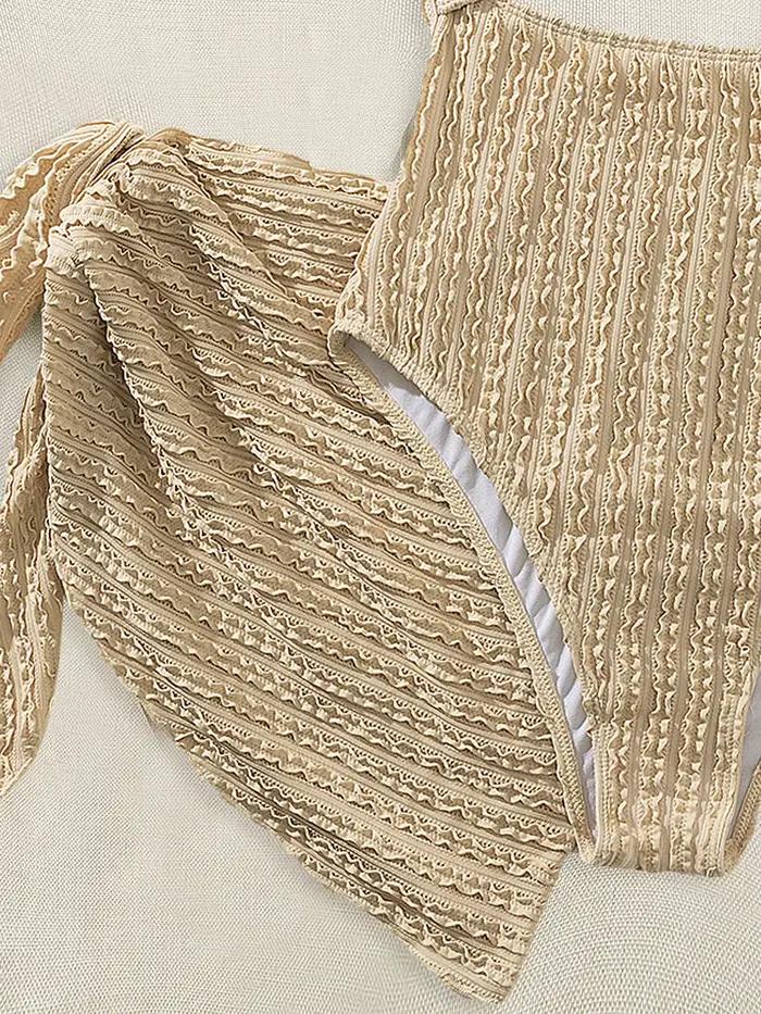 Vintage kaki une pièce maillot de bain maille jupe ensemble femmes licou croix évider mince maillots