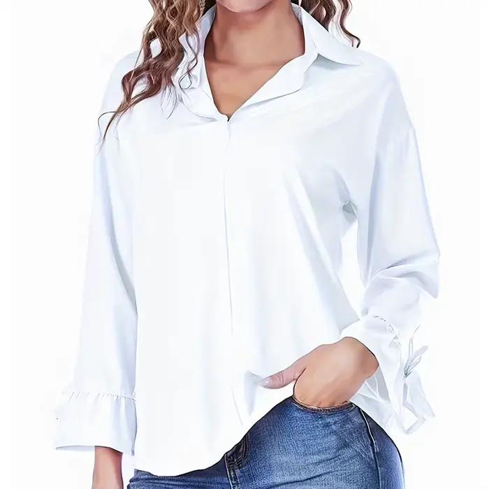 Chemise grande taille pour femmes, Style Simple et élégant, chemise ample à manches longues à revers de couleur unie, adaptée aux vêtements de travail et aux sorties