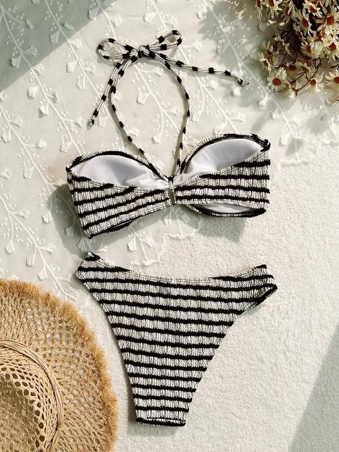 Ensemble bikini sexy rose à rayures 2026 pour femme