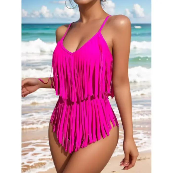 Maillot de bain une pièce couleur unie sexy à col en V