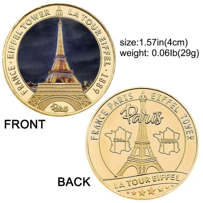 Ensemble de 5 pièces de monnaie commémoratives de la Tour Eiffel de Paris, France, plaqué or, souvenir de voyage