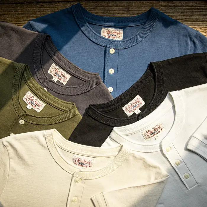 T1-0007 Red Tornado T-shirt Henley décontracté pour homme, taille asiatique, qualité supérieure, 260 GSM, épais et lourd, en coton, 7 couleurs