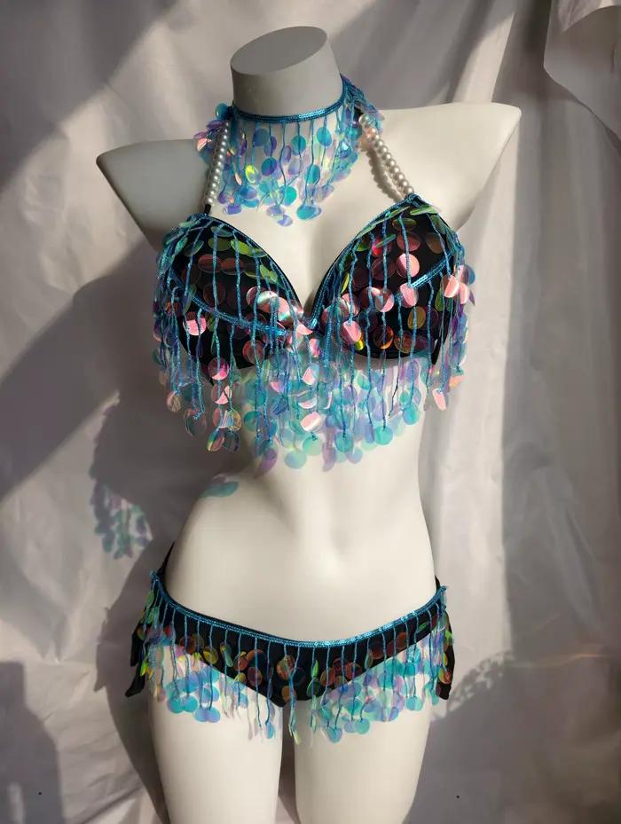 Bikini de performance sirène de luxe original fait main avec paillettes