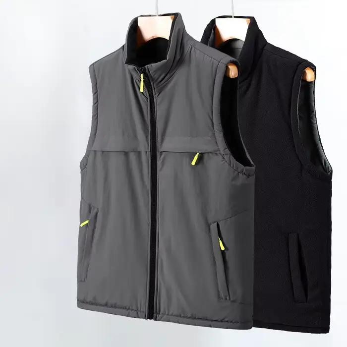 Grande taille 2 côté gilet hommes polaire poche Multiple veste sans manches mâle automne léger grand grand noir Zip gilet