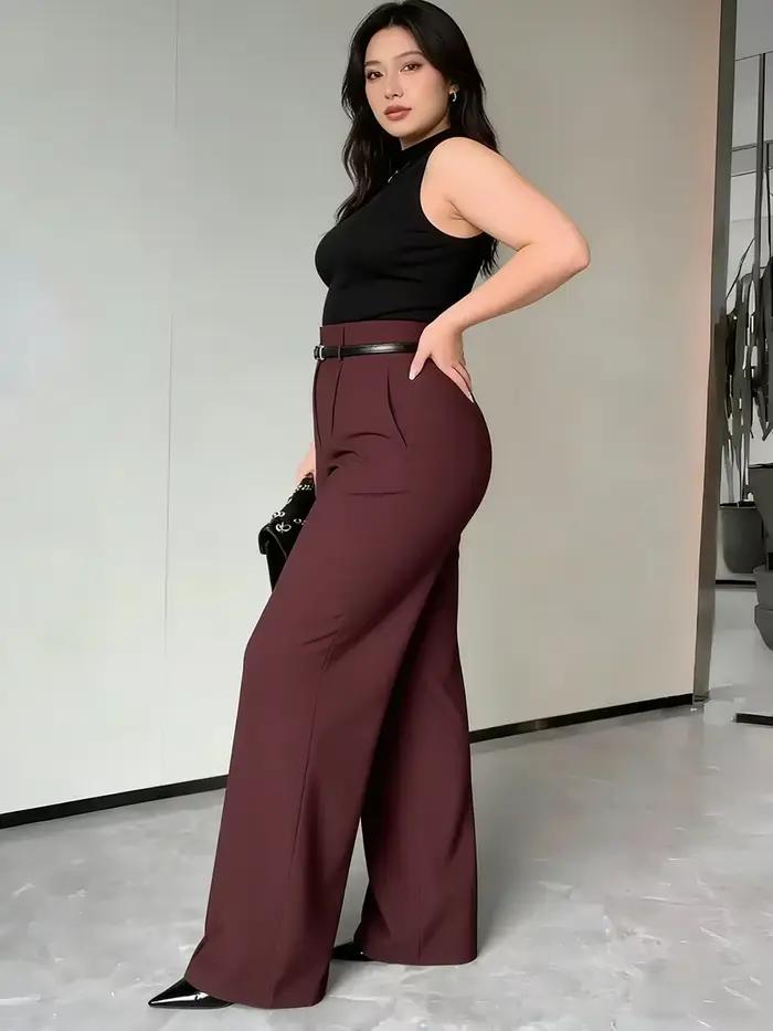 Pantalon taille haute pour femme grande taille, avec ceinture, uni, à plis, coupe large, élégant, extensible, pour le bureau, printemps-été