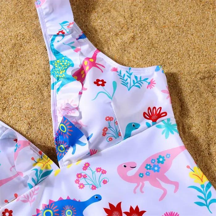 Maillot de bain dinosaures, tenues assorties pour la famille, col en v, mère et fille, robes mère et moi, vêtements père fils, Shorts de bain