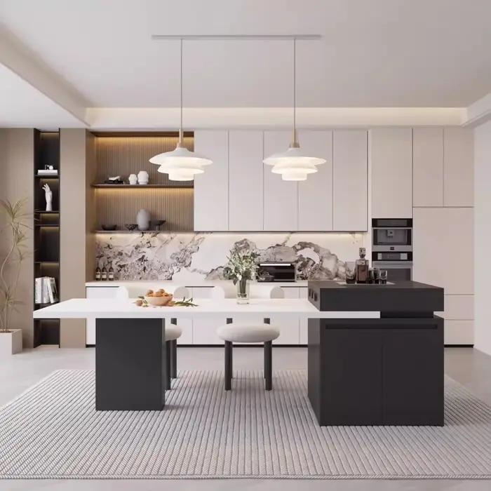 Chariot d'îlot de cuisine avec table à manger extensible pour 4 à 6 personnes, îlot de cuisine roulant avec plateau en ardoise, barre d'îlot de cuisine de rangement
