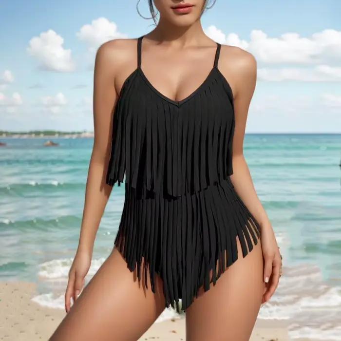 Maillot de bain une pièce couleur unie sexy à col en V