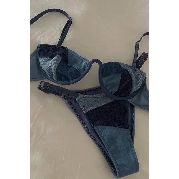 Maillot de bain bikini en dentelle à col en V avec ceinture