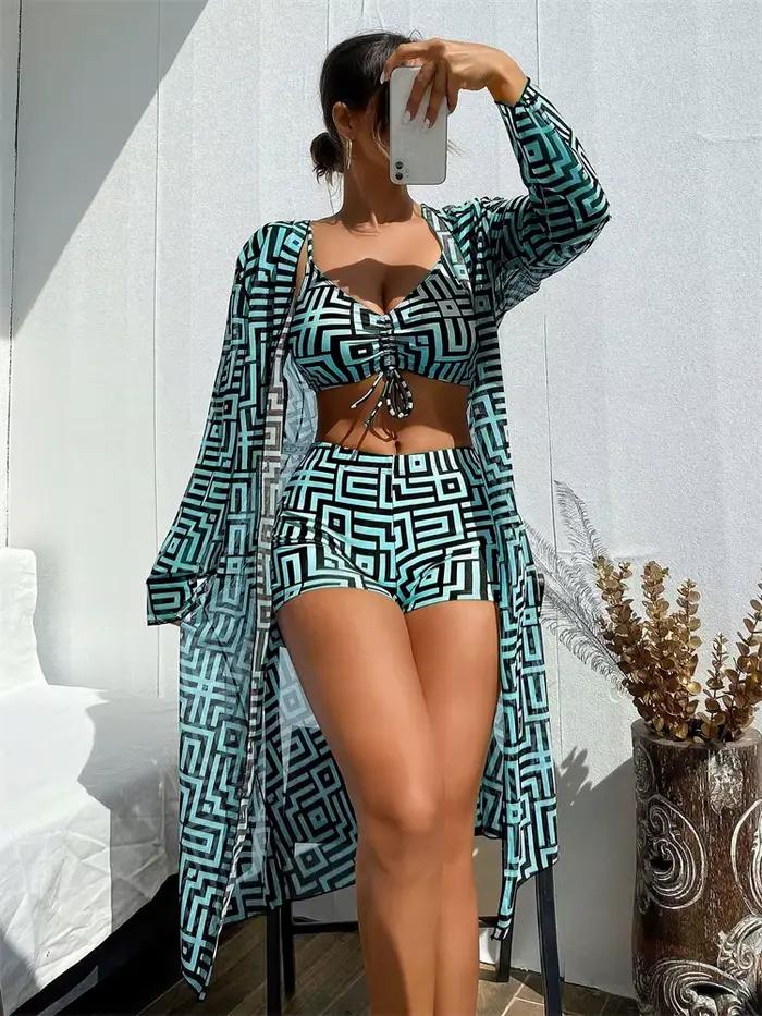 Bikini femme maillot de bain 2026 haut-waist sexy trois pièces avec rembourrage motif tartan pour plage vacances et activités nautiques