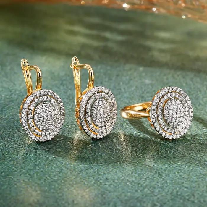 Ensemble de boucles d'oreilles et bague ovales incrustées de zircone, plaqué cuivre or 14 carats, bijoux de mode, cadeau pour femme, accessoires de luxe pour tous les jours et les fêtes