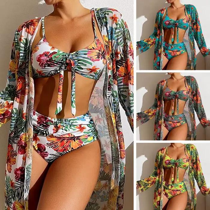 Taille S-3XL Bikini trois pièces imprimé fleuri maillot de bain femmes