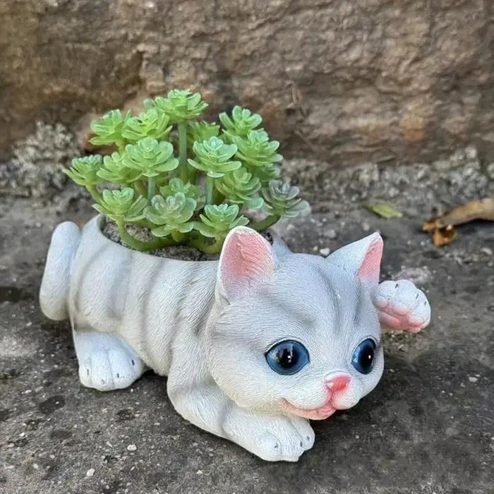 Pot fleur en forme félin mignon, conteneur jardinière en résine adapté aux petites plantes succulentes, décoration