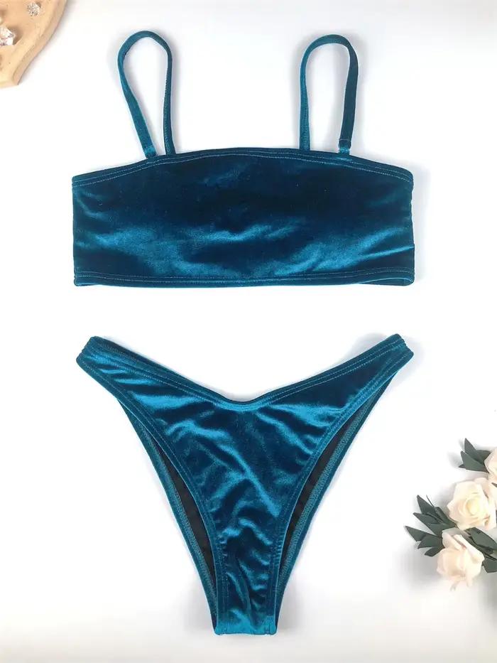 Bikini vintage bleu en velours pour femmes, taille haute, bandeau, ensemble de deux pièces, plage, mariage, vacances ```