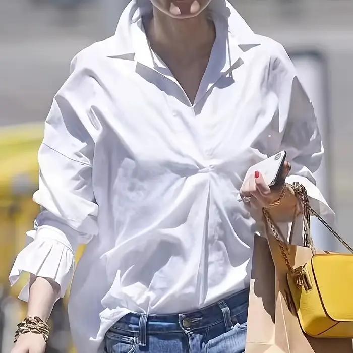 Chemise grande taille pour femmes, Style Simple et élégant, chemise ample à manches longues à revers de couleur unie, adaptée aux vêtements de travail et aux sorties