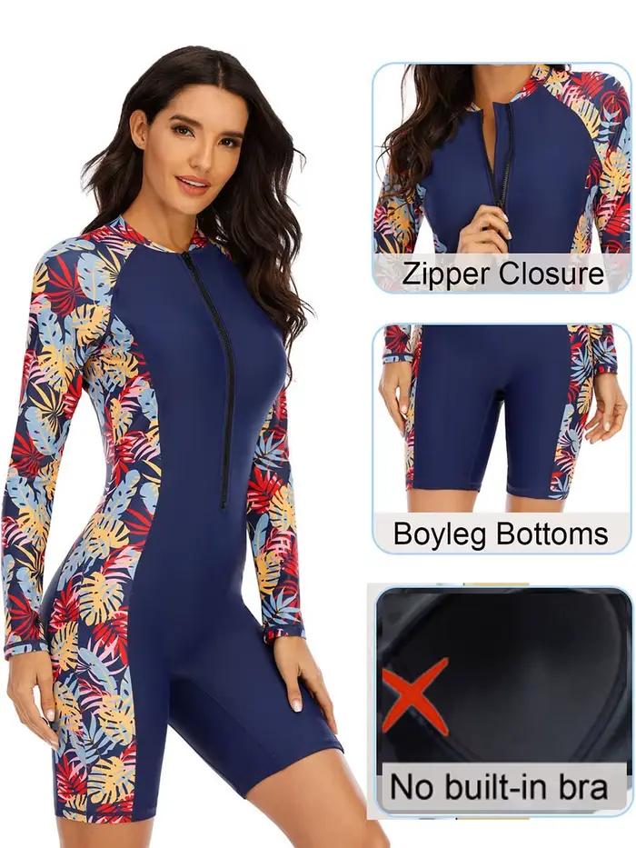 Maillot de bain une pièce fleuri pour femmes avec protection solaire UPF 50+ manches courtes/longues occassions de surf et nage
